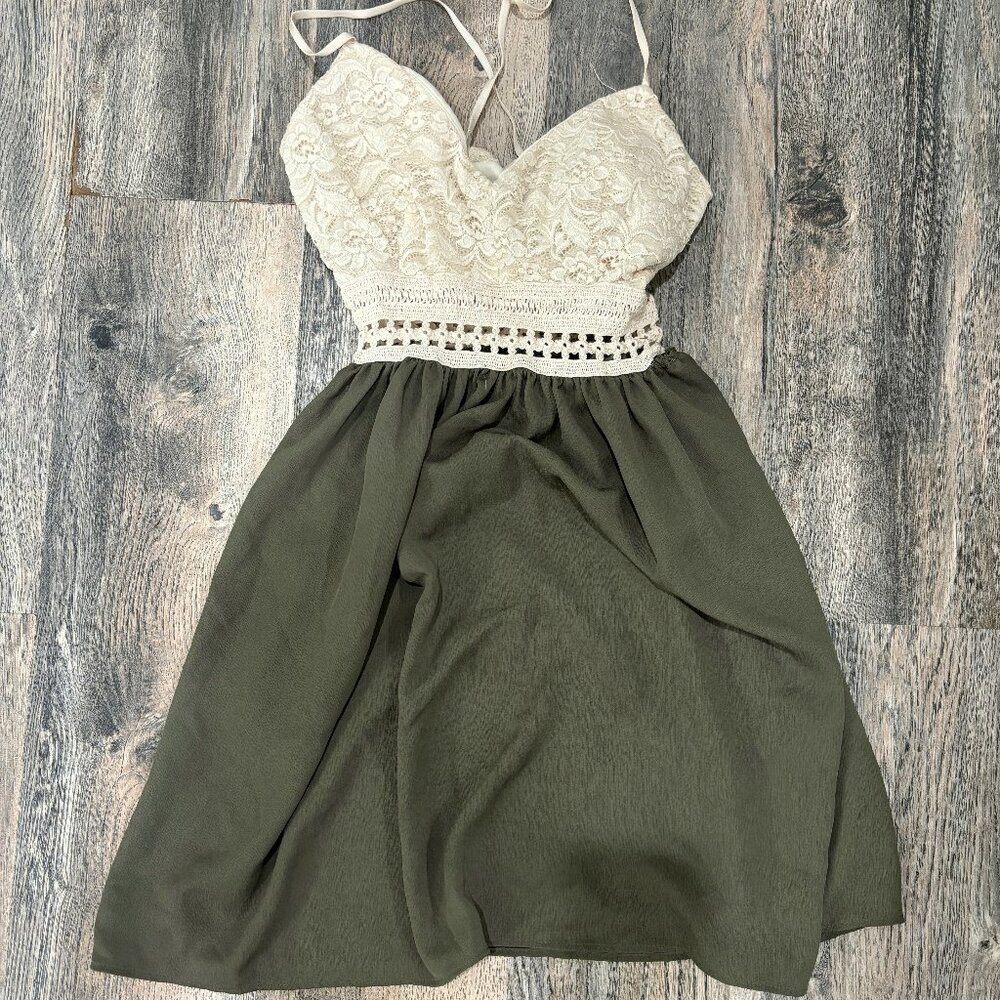 Olive Green White Lace Crochet Cutout Dress